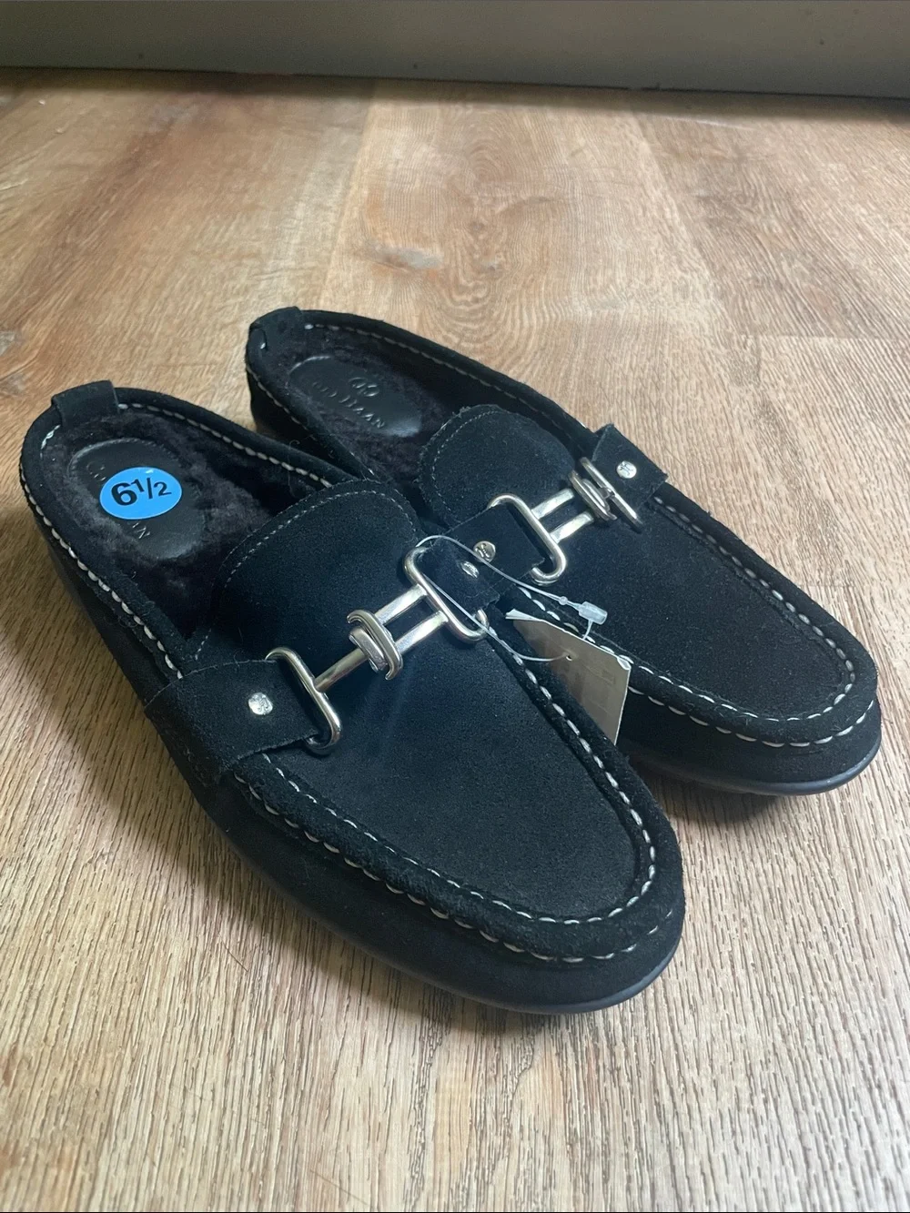 Cole Haan waterproof Suede Horsebit Mule Clogs Black Faux Sherling Lined NWT
